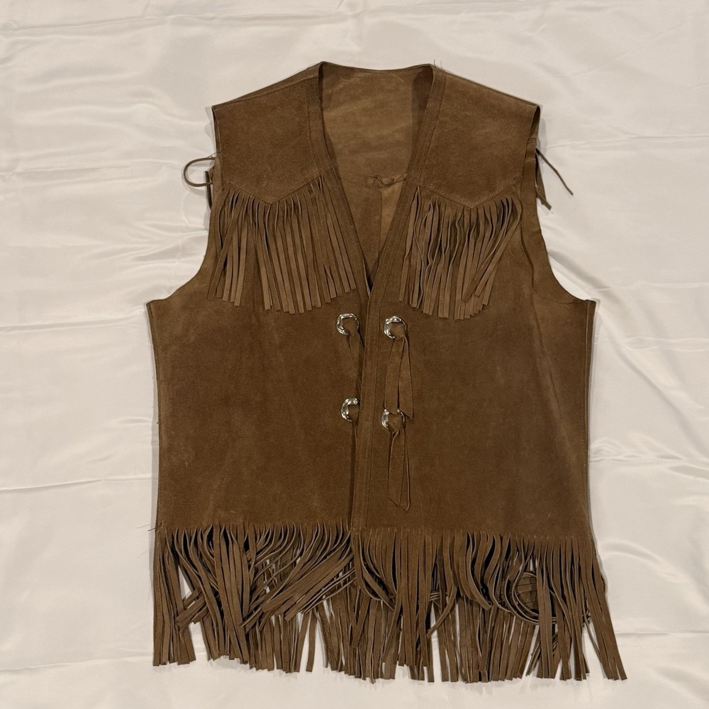 Vintage 70s All Cowhide Fringe Western Vest Cowboy Boho Leather Concho  Size S